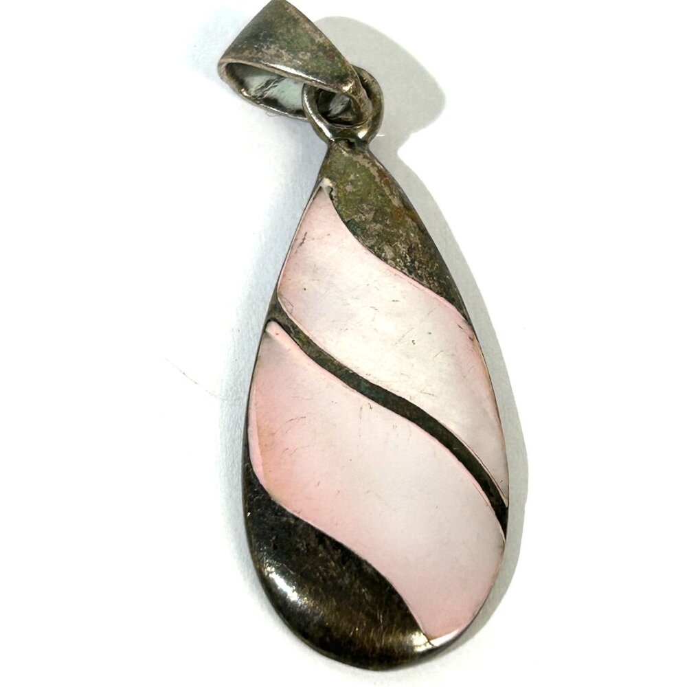 Vintage Sterling Silver & Pink Mother Of Pearl Teardrop Pendant 2” - Picture 3 of 6